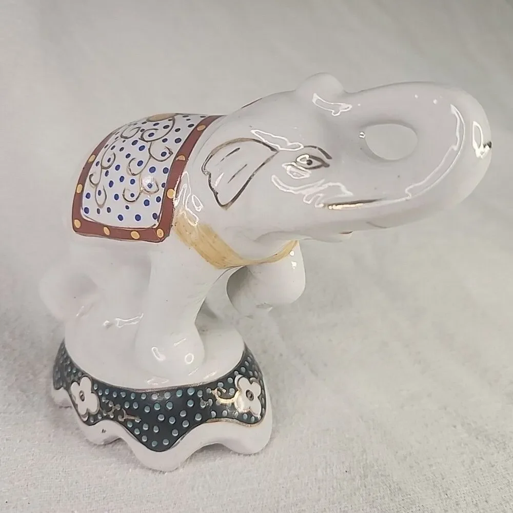 Elephant White Blue Floral Blanket Gold Accent Ceramic Figurine 4 1/2